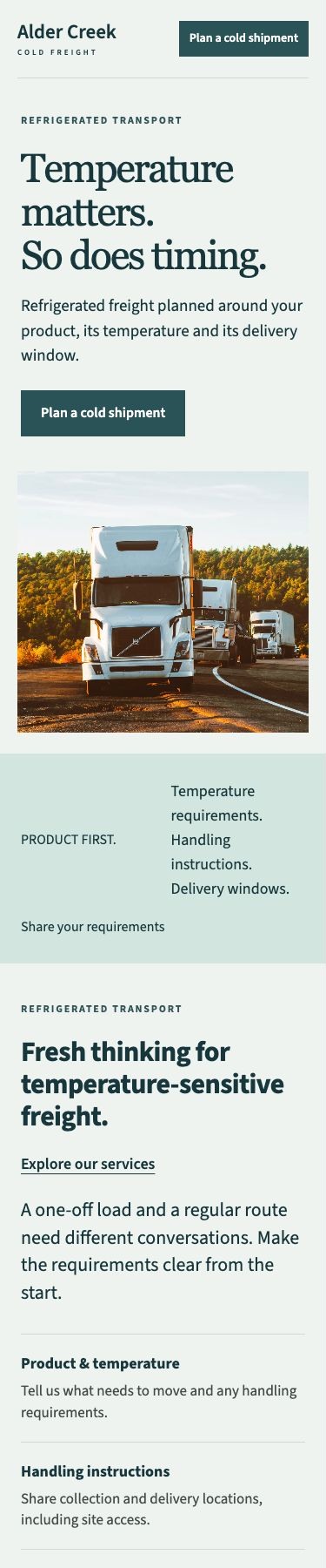 Alder Creek Cold Freight mobile homepage