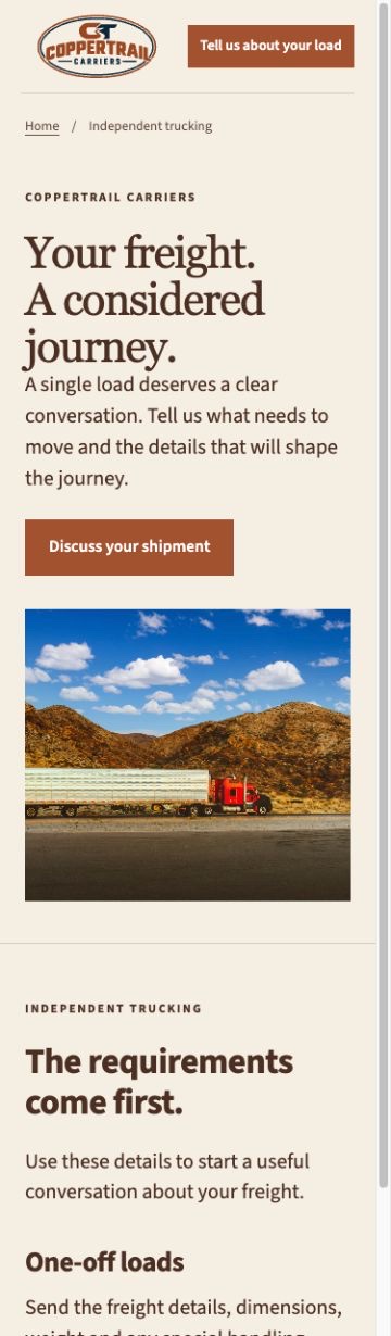 Coppertrail Carriers Service page on a phone