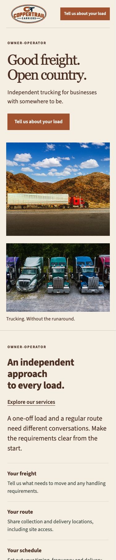 Coppertrail Carriers mobile homepage