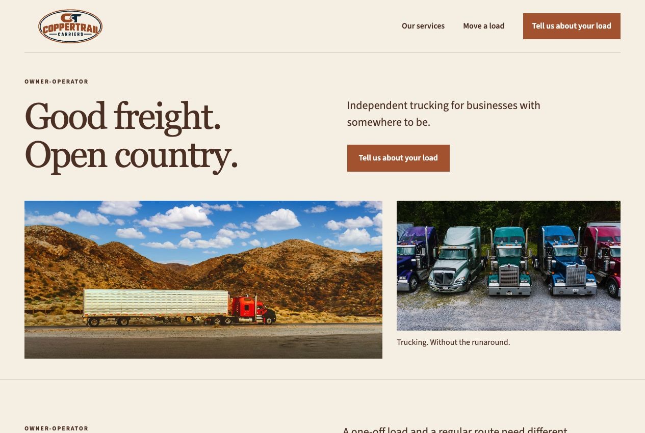 Coppertrail Carriers desktop homepage design