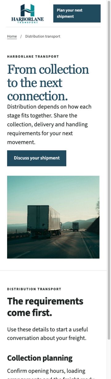 Harborlane Transport Service page on a phone