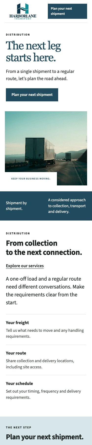Harborlane Transport Homepage on a phone