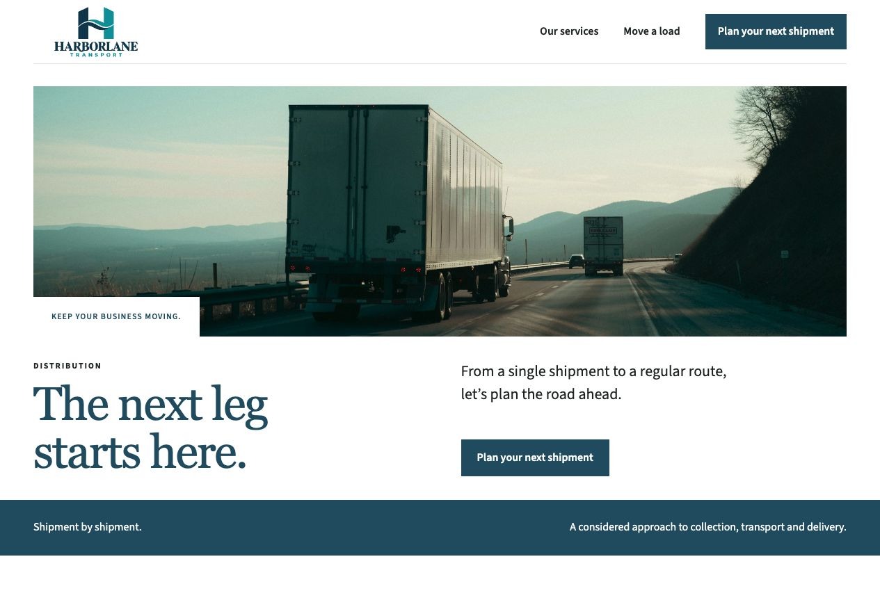 Harborlane Transport desktop homepage design