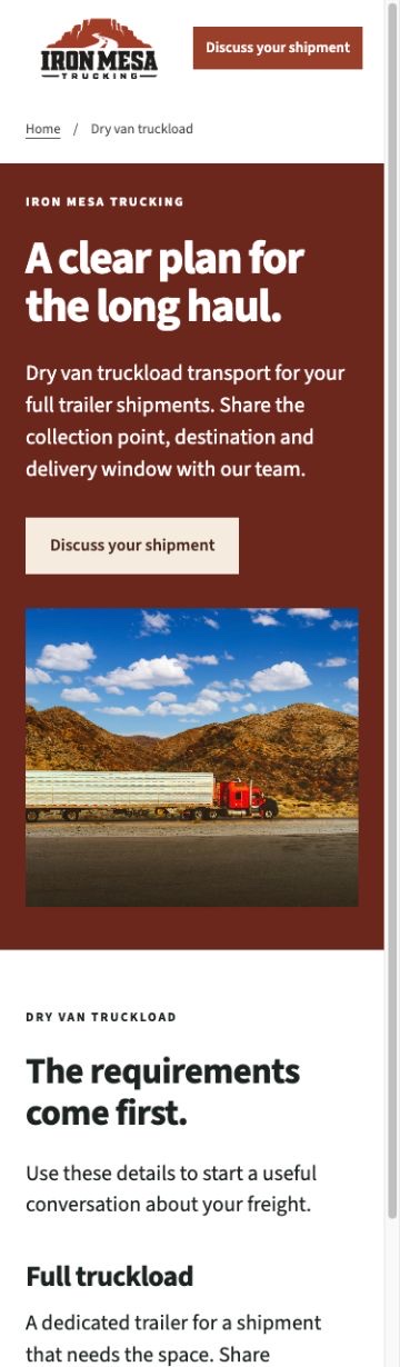 Iron Mesa Trucking Service page on a phone