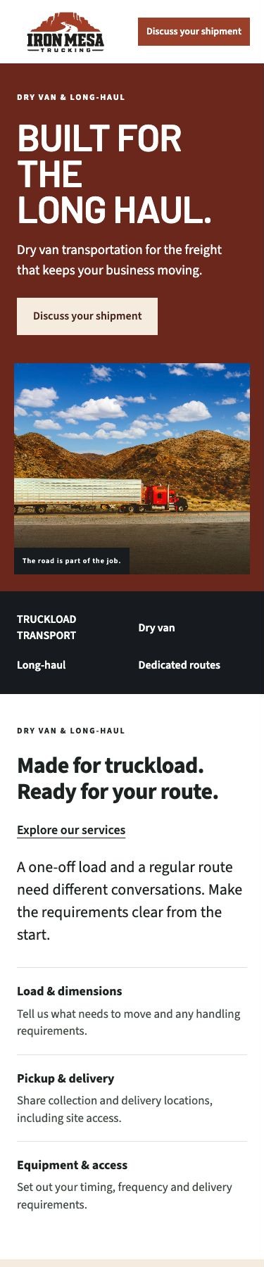 Iron Mesa Trucking Homepage on a phone