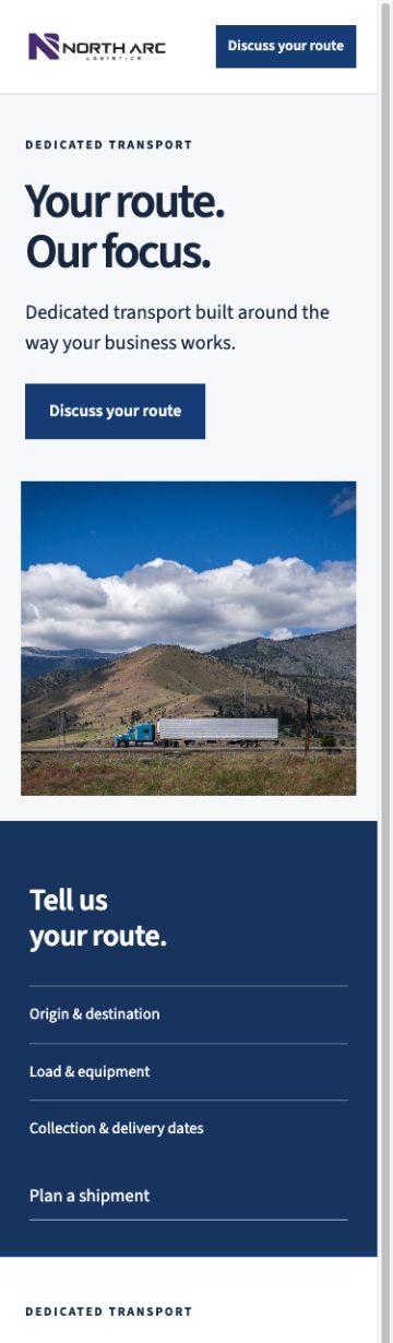 North Arc Logistics Homepage on a phone