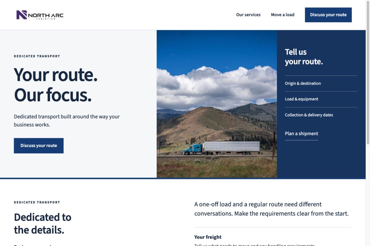 North Arc Logistics desktop homepage design