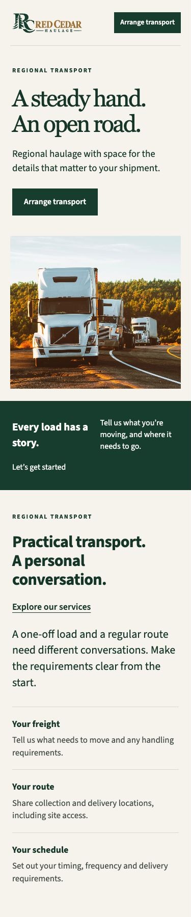 Red Cedar Haulage Homepage on a phone