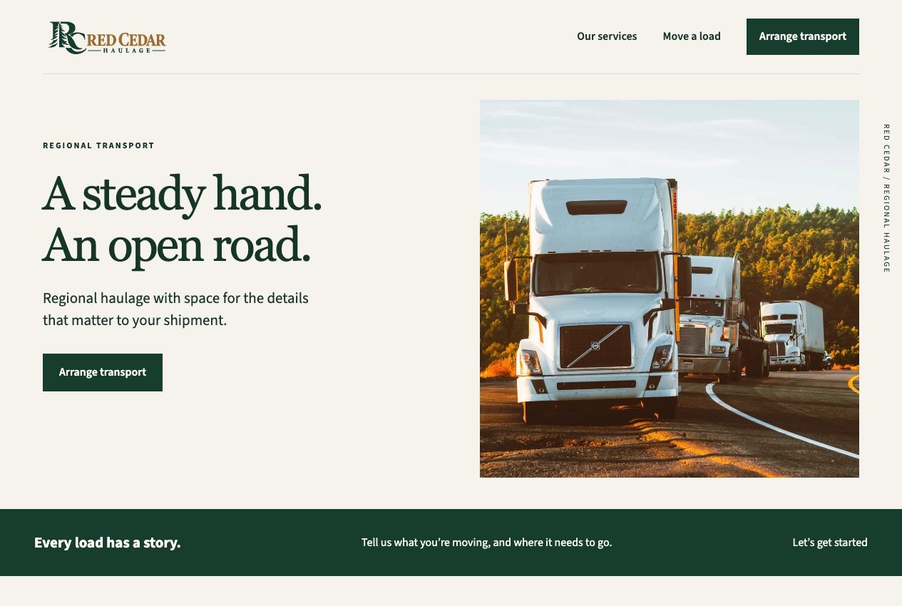 Red Cedar Haulage desktop homepage design